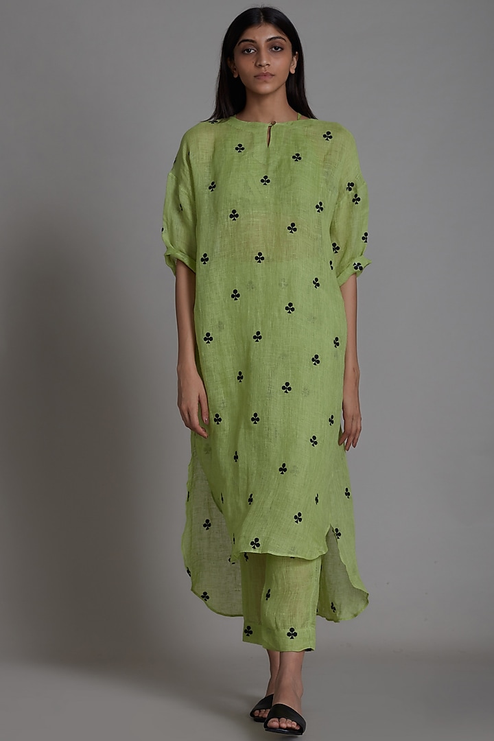 Green Handwoven Linen Tunic Dress by Mati