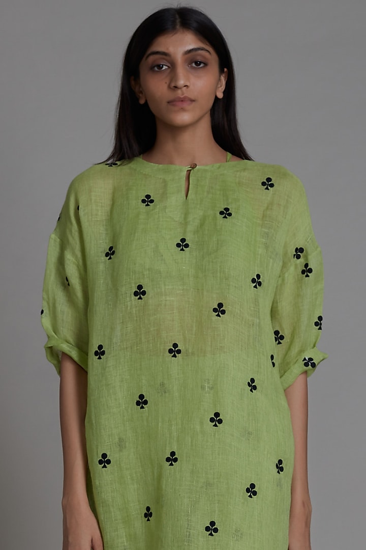 Green Handwoven Linen Tunic Dress Design by Mati at Pernia's Pop Up Shop  2024