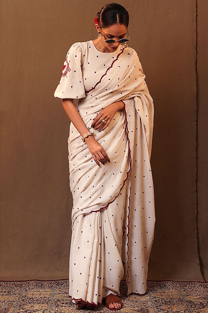 Off-White Cotton Motifs Embroidered Handspun Saree by Mati at Pernia's Pop Up Shop