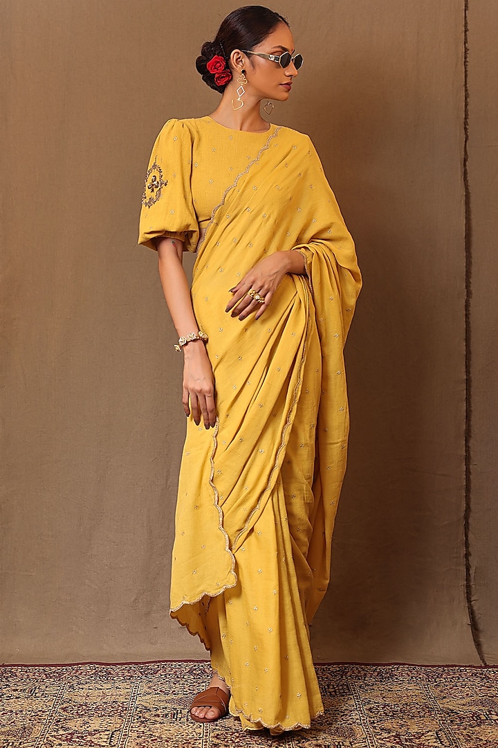 Mustard Cotton Motifs Embroidered Handspun Saree by Mati at Pernia's Pop Up Shop