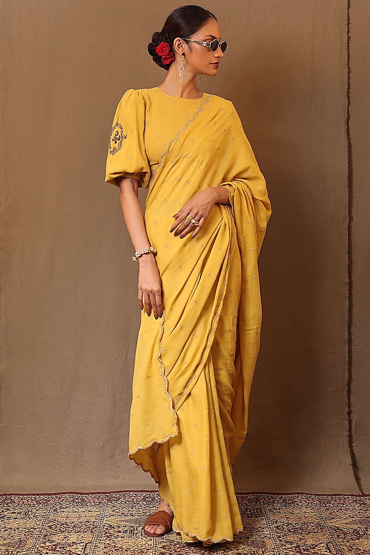 Mustard Kala Cotton Moss Embroidered Handspun Saree Set by Mati at Pernia's Pop Up Shop