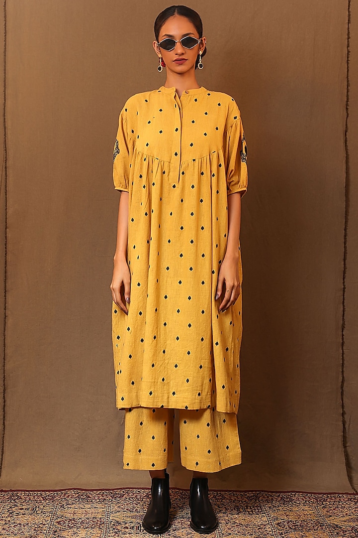 Mustard Kala Cotton Hand Embroidered Handspun Tunic by Mati at Pernia's Pop Up Shop