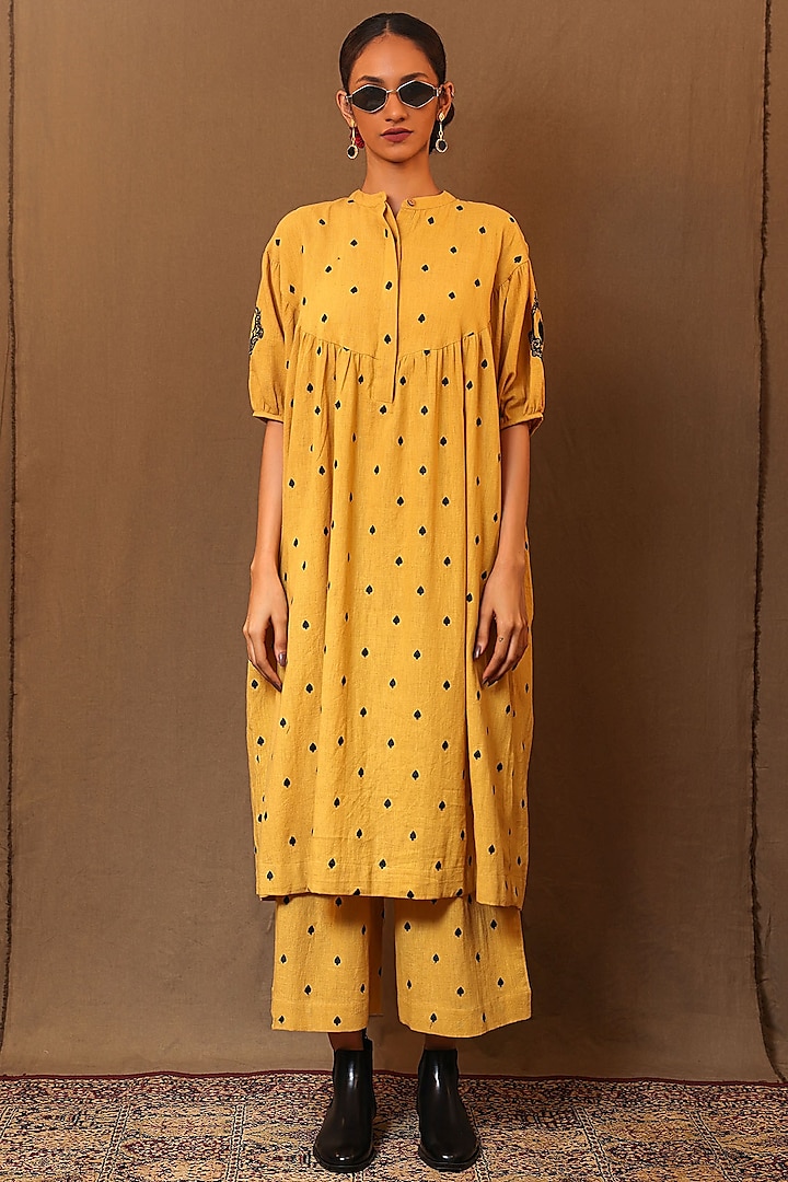 Mustard Kala Cotton Embroidered Handspun Pants by Mati at Pernia's Pop Up Shop