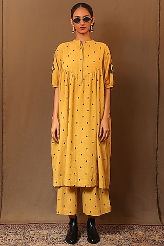Mustard Kala Cotton Embroidered Handspun Pants by Mati