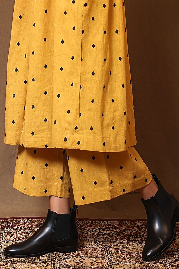 Mustard Kala Cotton Embroidered Handspun Pants by Mati at Pernia's Pop Up Shop