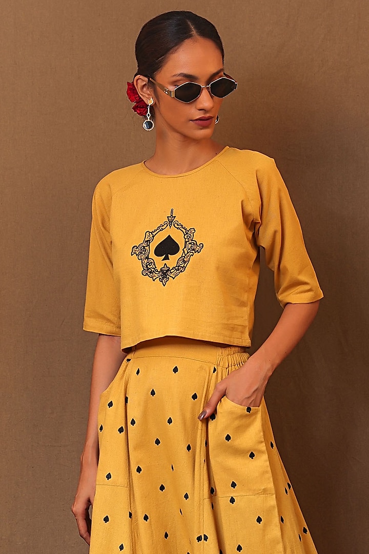 Mustard Handspun Cotton Aari Hand Embroidered Crop Top by Mati at Pernia's Pop Up Shop