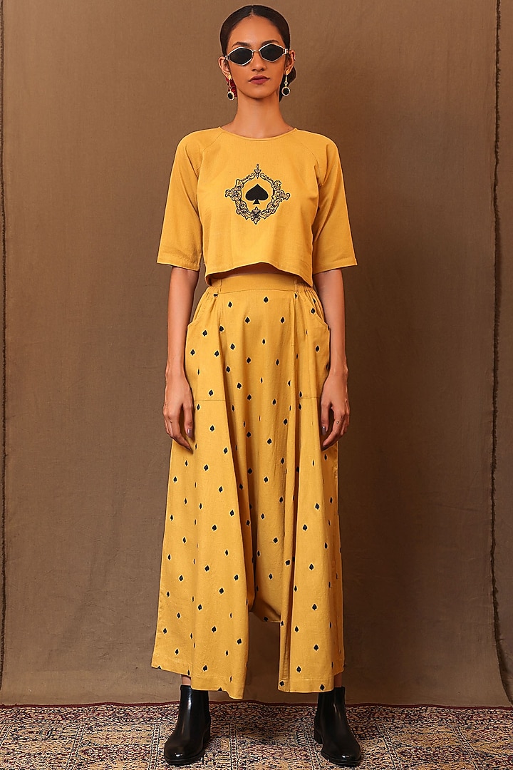 Mustard Handspun Cotton Aari Hand Embroidered Crop Top by Mati at Pernia's Pop Up Shop