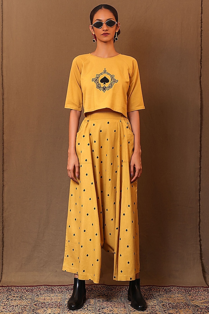 Mustard Handspun Cotton Motifs Embroidered Harem Pants by Mati at Pernia's Pop Up Shop