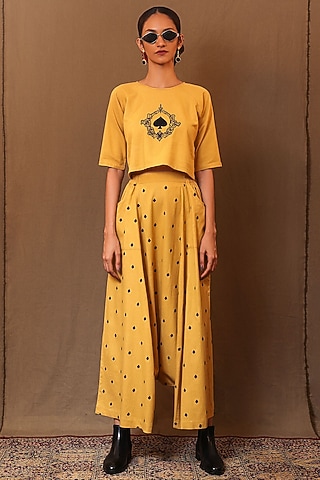 Mustard Handspun Cotton Motifs Embroidered Harem Pants by Mati