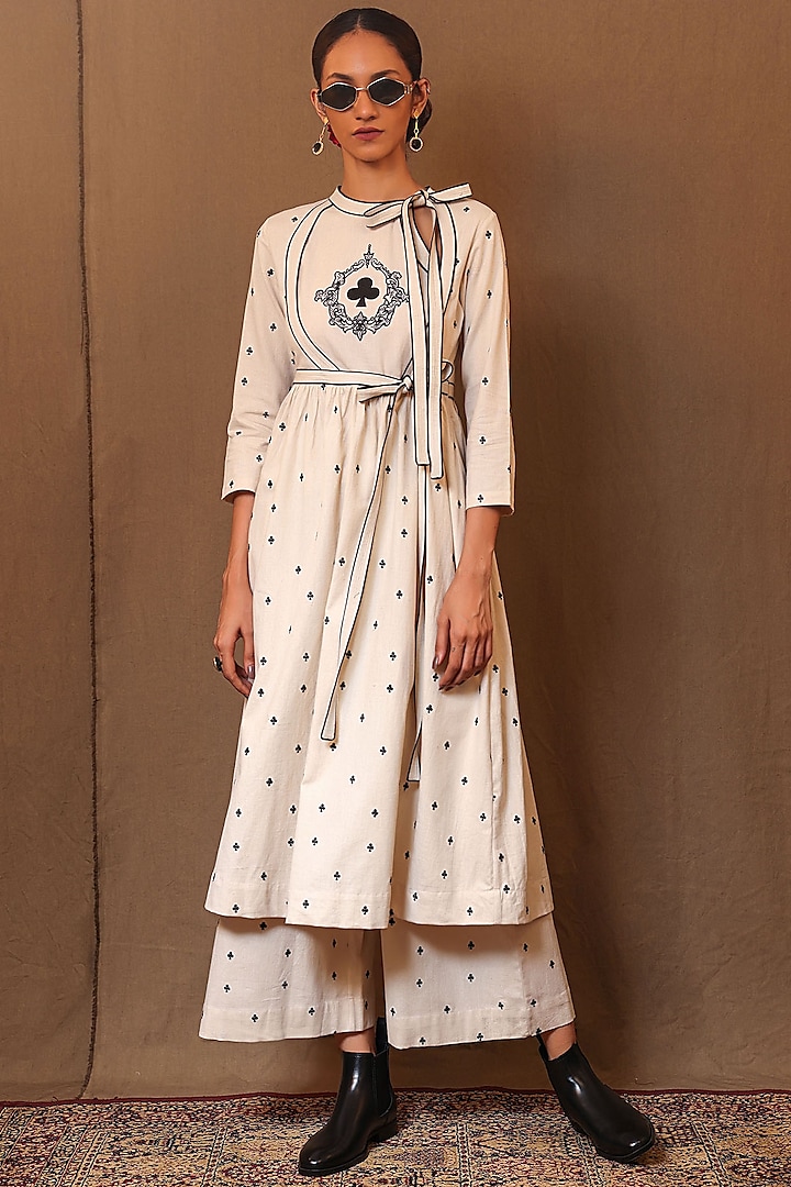 Off-White Handspun Cotton Hand Embroidered Angrakha Style Tunic by Mati at Pernia's Pop Up Shop