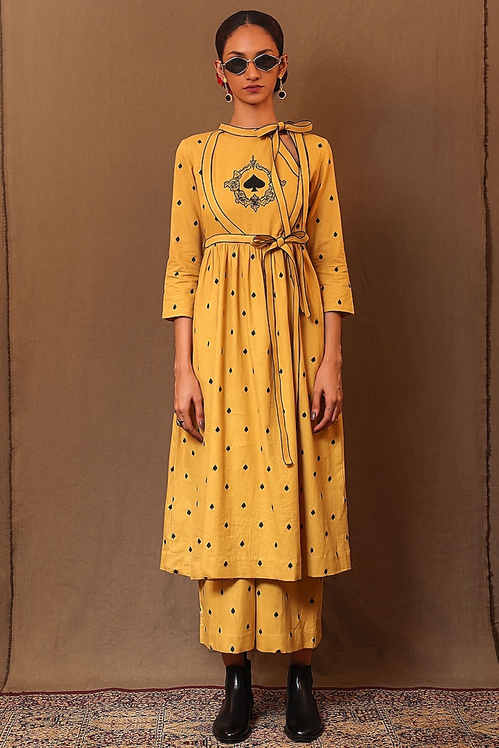 Mustard Handspun Cotton Aari Hand Embroidered Angrakha Style Tunic by Mati at Pernia's Pop Up Shop