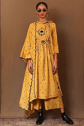 Mustard Cotton Embroidered Pants by Mati