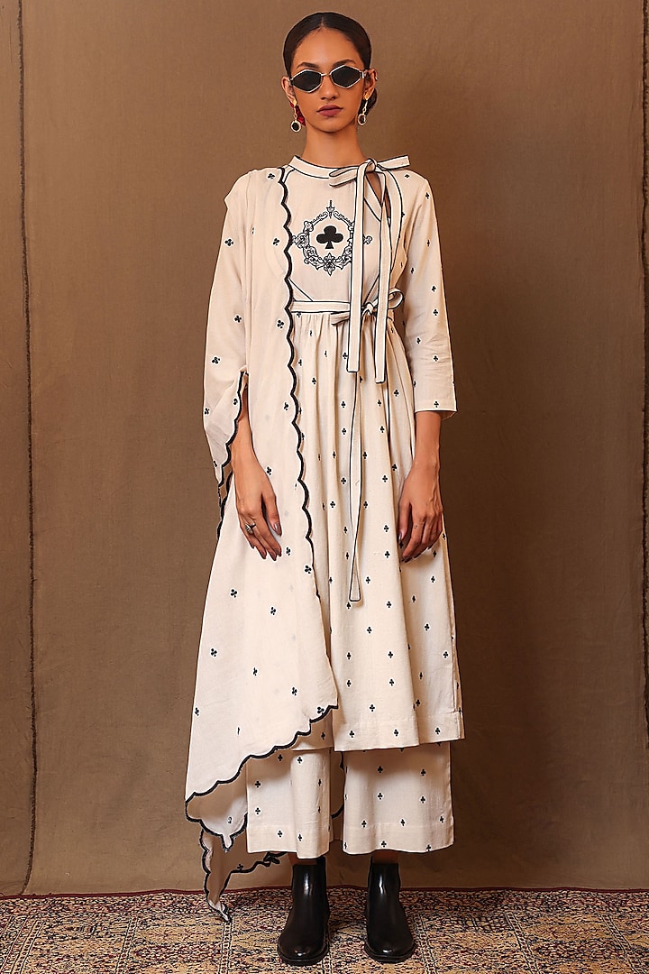 Off-White Handspun Cotton Hand Embroidered Angrakha Style Tunic Set by Mati at Pernia's Pop Up Shop