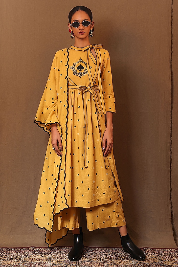 Mustard Handspun Cotton Hand Embroidered Tunic Set by Mati at Pernia's Pop Up Shop