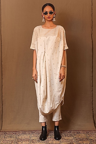 Off-White Handspun Cotton Zari Motif Embroidered Cowl Tunic by Mati
