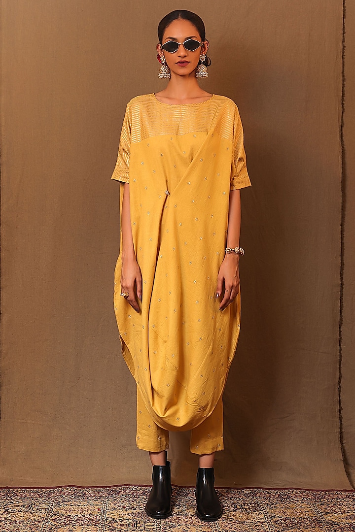 Mustard Handspun Cotton Zari Motif Embroidered Cowl Tunic by Mati at Pernia's Pop Up Shop