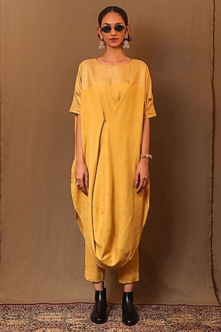 Mustard Handspun Cotton Zari Motif Embroidered Cowl Tunic by Mati