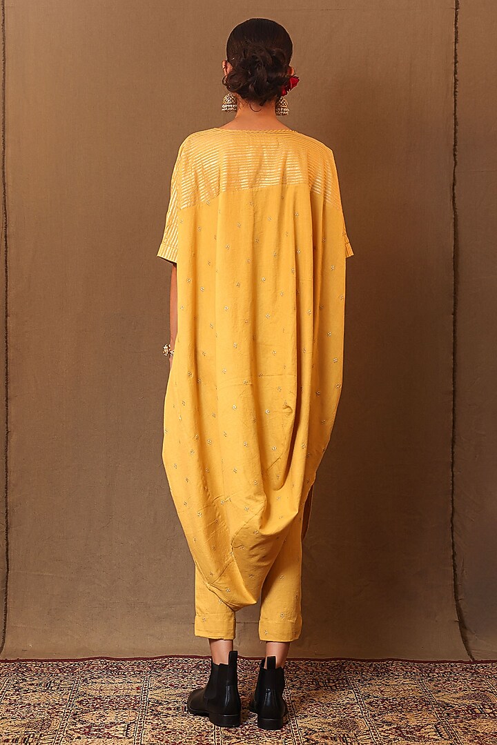 Mustard Handspun Cotton Zari Motif Embroidered Cowl Tunic by Mati at Pernia's Pop Up Shop