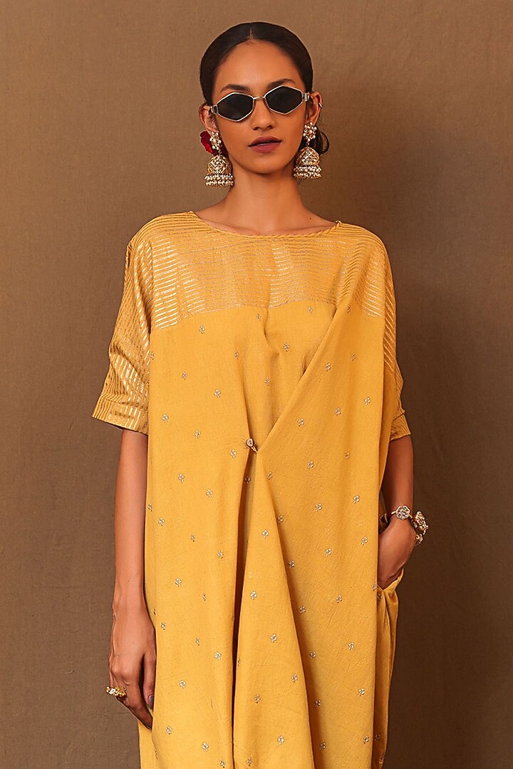Mustard Handspun Cotton Zari Motif Embroidered Cowl Tunic by Mati at Pernia's Pop Up Shop