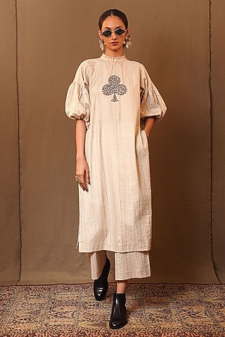 Off-White Handspun Cotton Striped Printed & Hand Embroidered Raglan Tunic by Mati