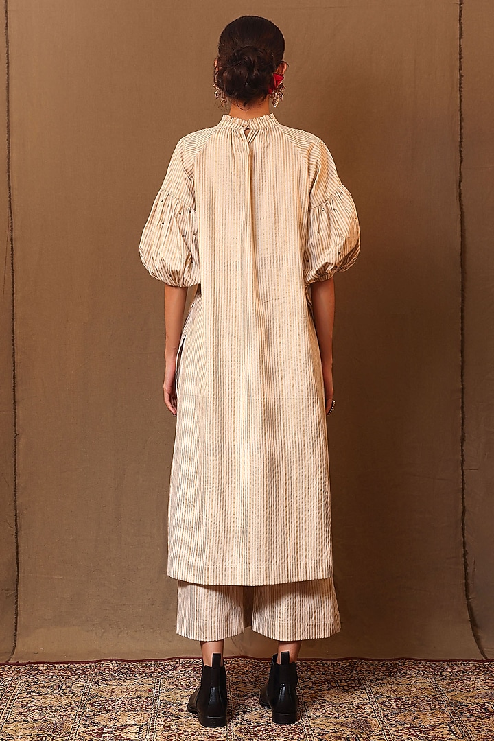 Off-White Handspun Cotton Striped Printed & Hand Embroidered Raglan Tunic by Mati at Pernia's Pop Up Shop