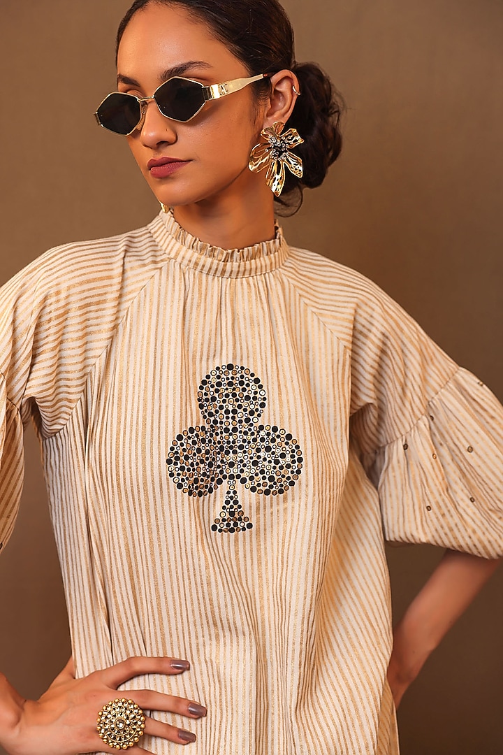 Off-White Handspun Cotton Striped Printed & Hand Embroidered Raglan Tunic by Mati at Pernia's Pop Up Shop