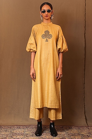 Mustard Handspun Cotton Metallic Striped Printed Pants by Mati
