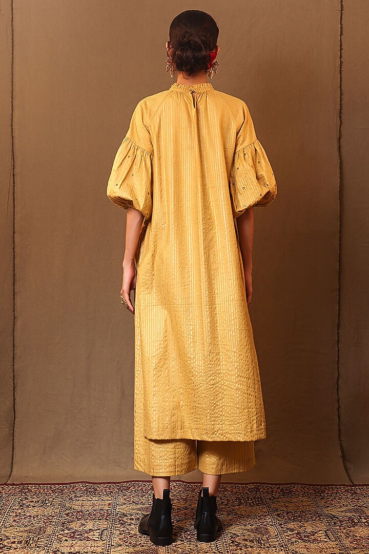 Mustard Handspun Cotton Metallic Striped Printed Pants by Mati at Pernia's Pop Up Shop