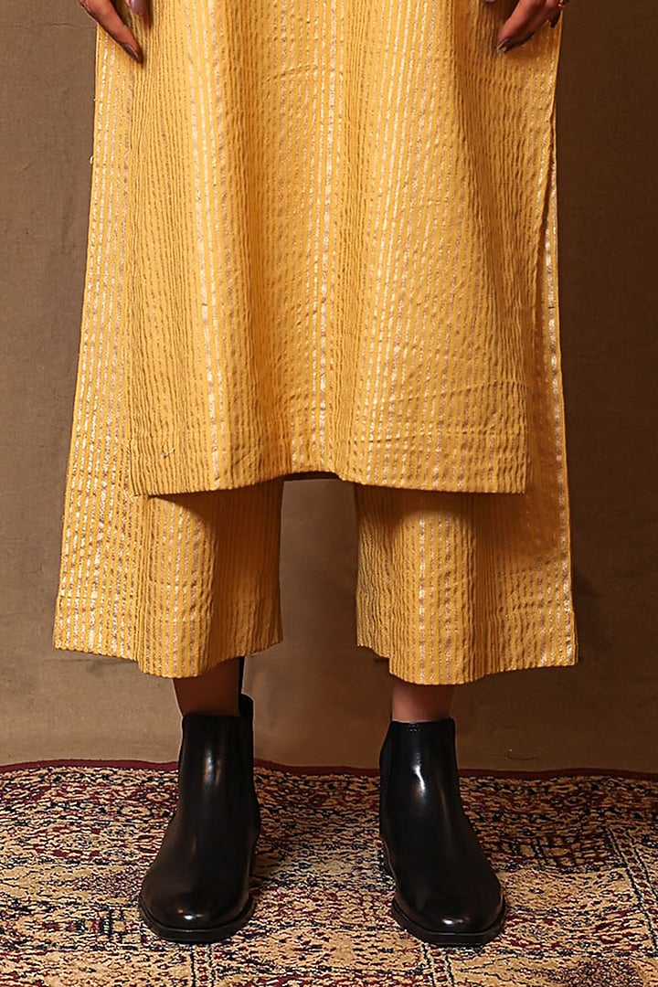 Mustard Handspun Cotton Metallic Striped Printed Pants by Mati at Pernia's Pop Up Shop