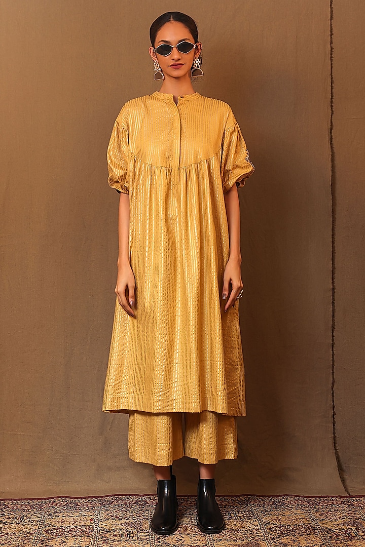 Mustard Handspun Cotton Metallic Printed & Zardosi Hand Embroidered Tunic by Mati at Pernia's Pop Up Shop