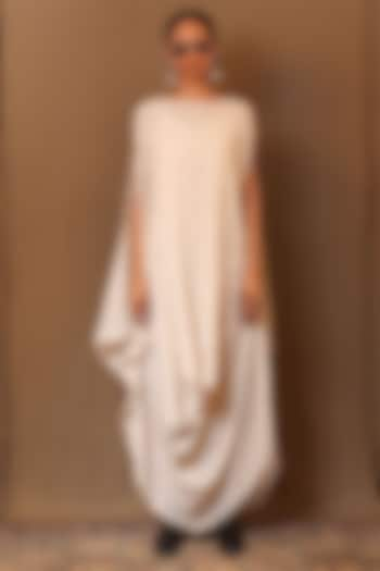 Off-White Cowl Handspun Cotton Embroidered Cowl Draped Dress by Mati at Pernia's Pop Up Shop