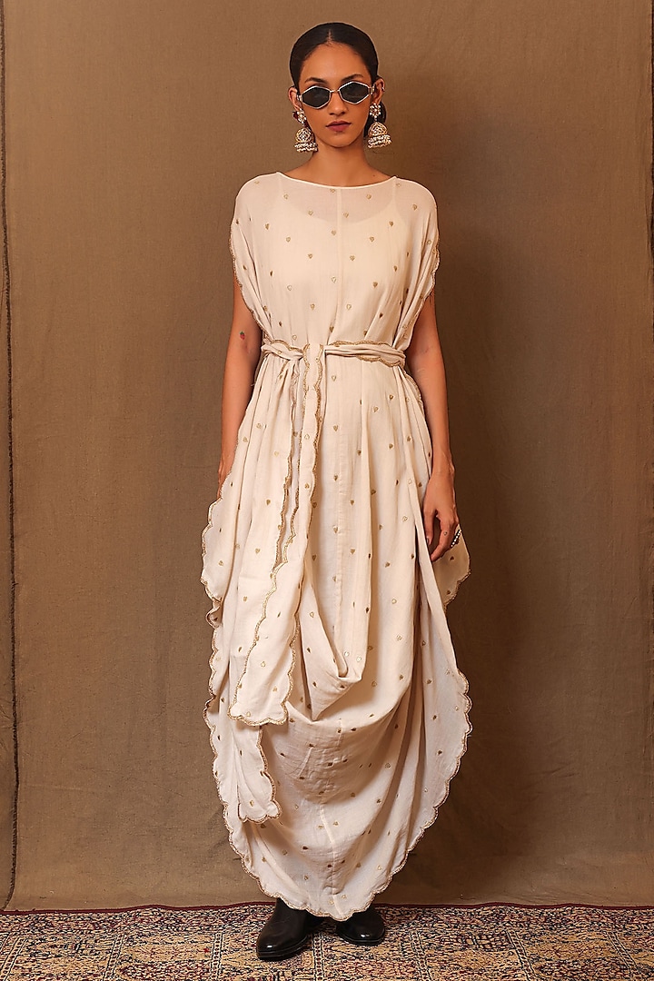 Off-White Cowl Handspun Cotton Embroidered Cowl Draped Dress With Stole by Mati at Pernia's Pop Up Shop