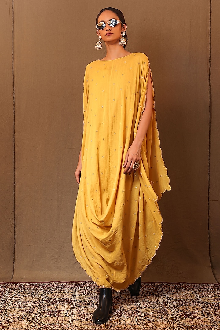 Mustard Cowl Handspun Cotton Embroidered Cowl Draped Dress by Mati at Pernia's Pop Up Shop