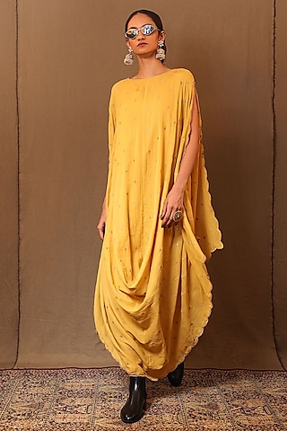 Mustard Cowl Handspun Cotton Embroidered Cowl Draped Dress by Mati