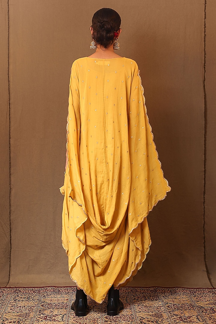 Mustard Cowl Handspun Cotton Embroidered Cowl Draped Vacation Dress by Mati at Pernia's Pop Up Shop