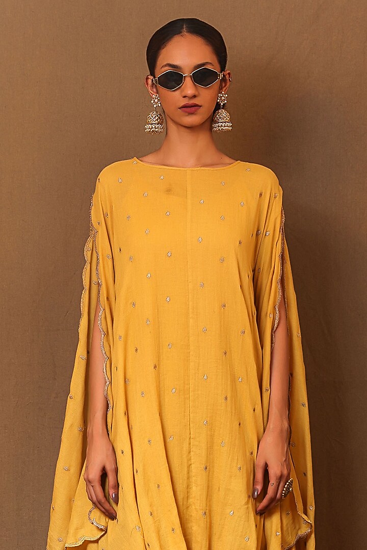 Mustard Cowl Handspun Cotton Embroidered Cowl Draped Vacation Dress by Mati at Pernia's Pop Up Shop