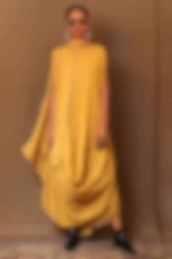 Mustard Cowl Handspun Cotton Embroidered Cowl Draped Dress With Stole by Mati at Pernia's Pop Up Shop