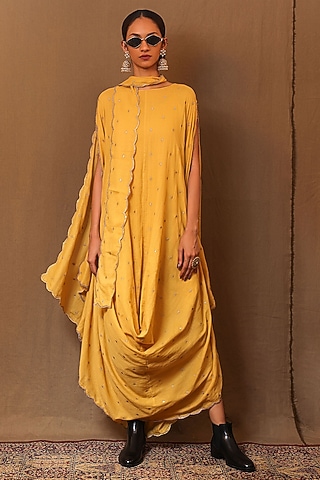 Mustard Cowl Handspun Cotton Embroidered Cowl Draped Dress With Stole by Mati