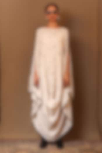 Off-White Cowl Handspun Cotton Embroidered Cowl Draped Dress by Mati at Pernia's Pop Up Shop