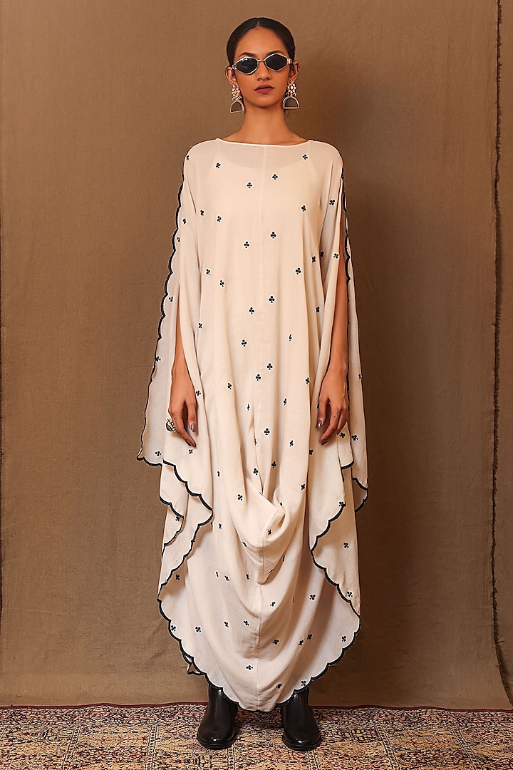 Off-White Cowl Handspun Cotton Embroidered Cowl Draped Dress by Mati at Pernia's Pop Up Shop