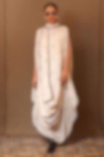 Off-White Cowl Handspun Cotton Embroidered Cowl Draped Dress With Stole by Mati at Pernia's Pop Up Shop