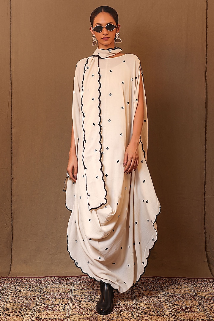 Off-White Cowl Handspun Cotton Embroidered Cowl Draped Dress With Stole by Mati at Pernia's Pop Up Shop