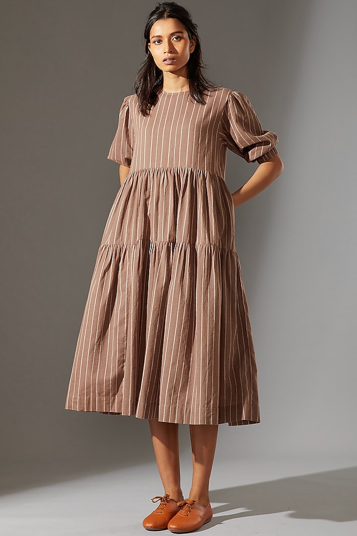 Beige Tiered Midi Dress by Mati at Pernia's Pop Up Shop