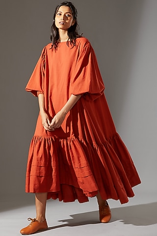 Rust Orange Maxi Dress With Asymmetric Hem by Mati