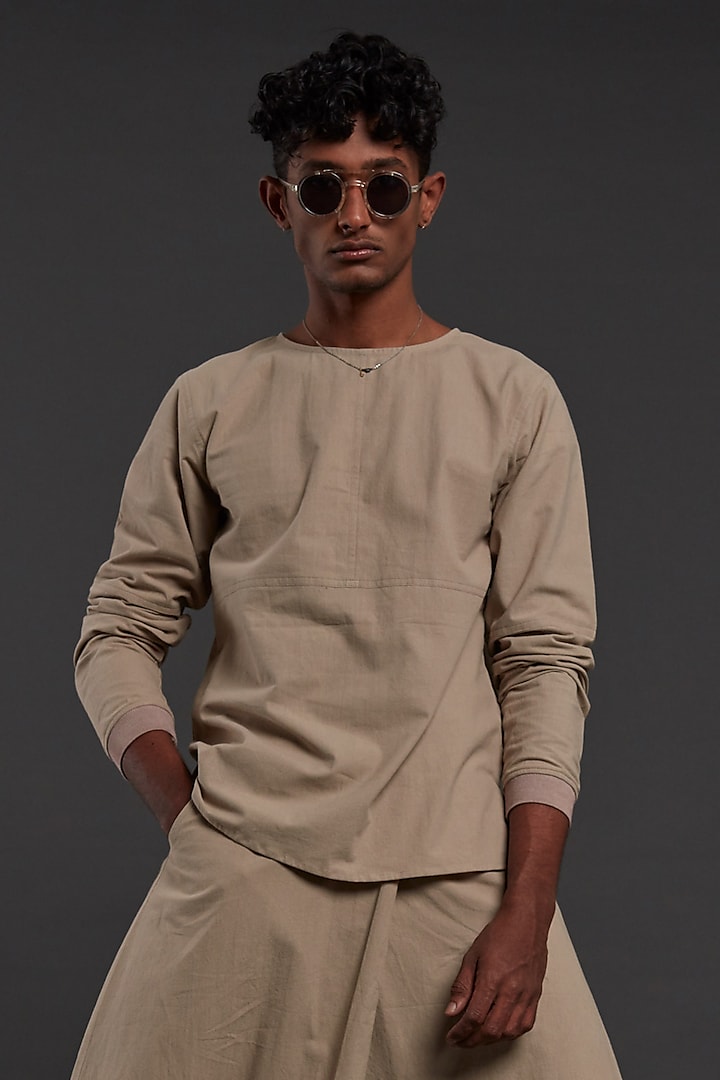 Beige Cotton Handwoven T-shirt by Mati Men