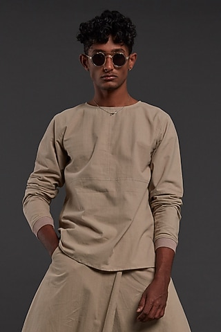 Beige Cotton Handwoven T-shirt by Mati Men