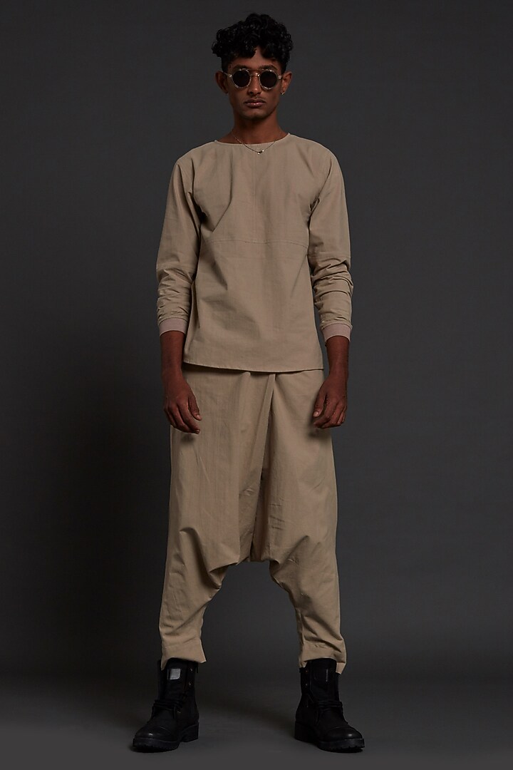 Beige Cotton Handwoven T-shirt by Mati Men at Pernia's Pop Up Shop