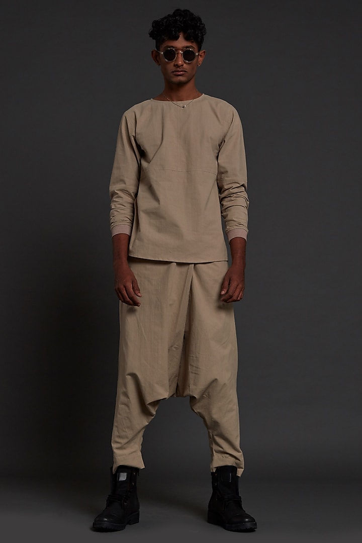 Beige Cotton Handwoven Drop Crotch Pants by Mati Men