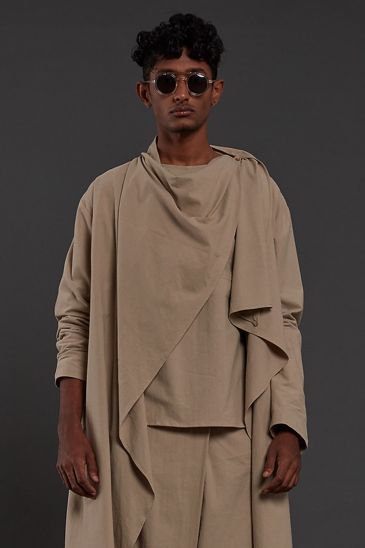 Beige Cotton Handwoven Jacket Set by Mati Men at Pernia's Pop Up Shop