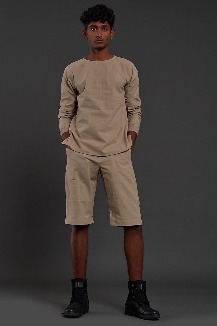 Beige Cotton Handwoven Shorts by Mati Men at Pernia's Pop Up Shop